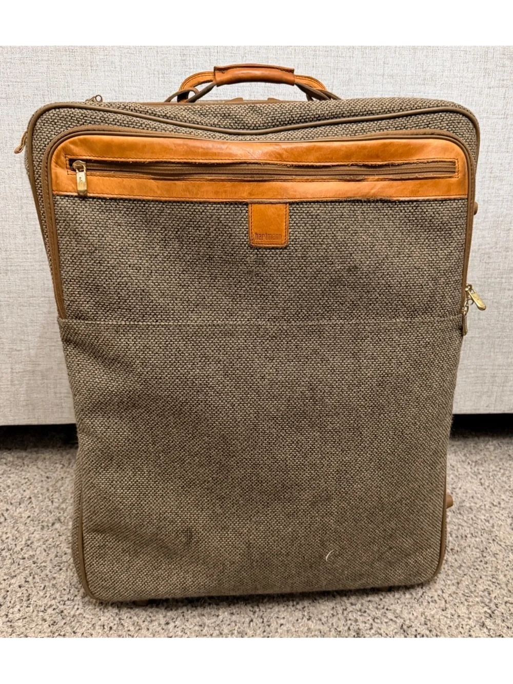 Hartmann Vintage Expandable Tweed Large Check Roller Bag with Tan Leather Trim
